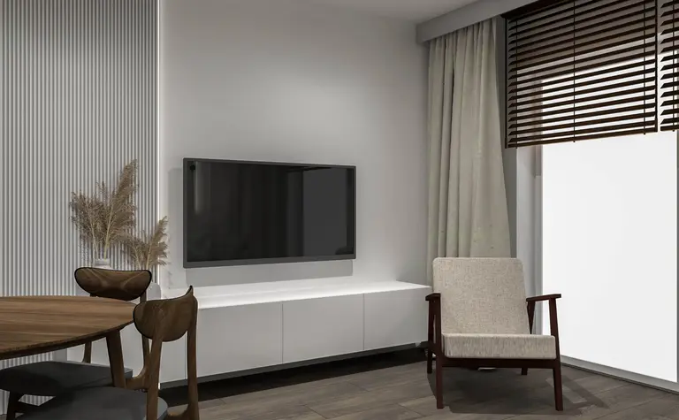 Wnętrze salonu z telewizorem, drewnianym stołem i roślinami, styl minimalistyczny, nowoczesny, vintage.
