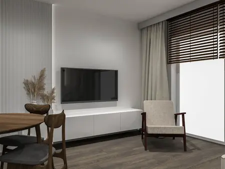 Wnętrze salonu z telewizorem, drewnianym stołem i roślinami, styl minimalistyczny, nowoczesny, vintage.