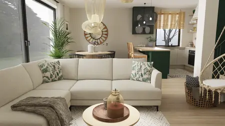 Wnętrze salonu boho z jasną sofą, zielonymi roślinami i drewnianymi meblami.