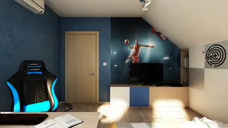 Nowoczesne poddasze z biurkiem, niebieską ścianą i telewizorem.