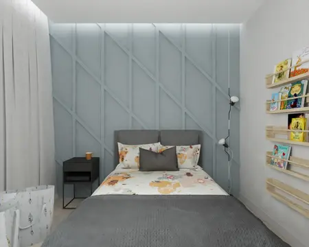 Sypialnia w stylu boho z szarym łóżkiem, zieloną ścianą, rustykalnymi akcentami.