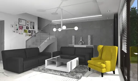 Wnętrze salonu w stylu industrialnym z minimalistycznymi meblami i żółtym fotelem.