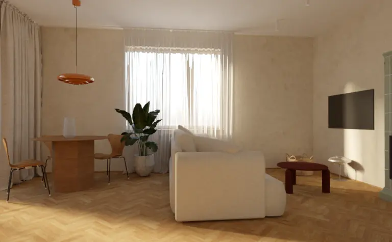 Wnętrze salonu w stylu minimalistycznym z vintage akcentami.