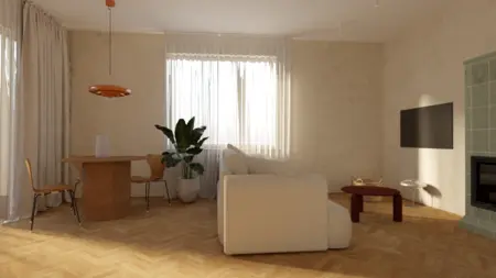 Wnętrze salonu w stylu minimalistycznym z vintage akcentami.
