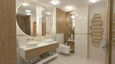 Wnętrze łazienki w stylu glamour z drewnem i nowoczesnymi elementami.
