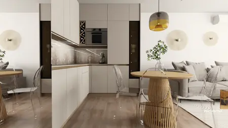 Wnętrze kuchni w stylu boho i skandynawskim z drewnianymi akcentami.