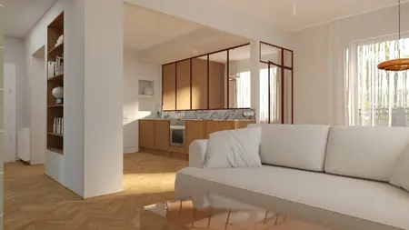 Wnętrze kuchni w stylu minimalistycznym i vintage z drewnianymi meblami.