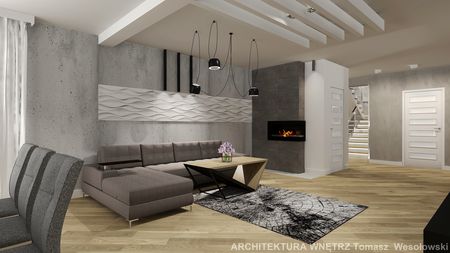 Współczesny salon z szarymi ścianami, brązową sofą i eleganckim kominkiem.