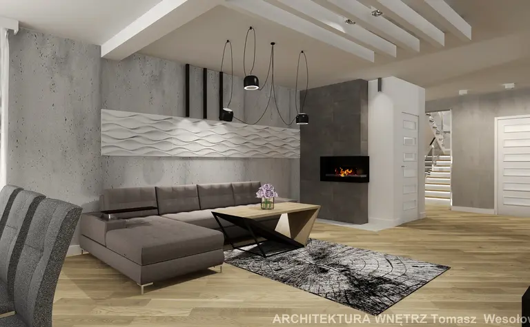Współczesny salon z szarymi ścianami, brązową sofą i eleganckim kominkiem.