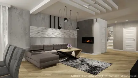 Współczesny salon z szarymi ścianami, brązową sofą i eleganckim kominkiem.