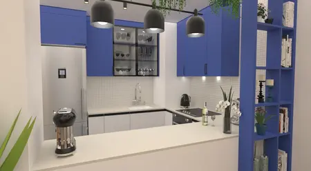 Kuchnia z niebieskimi meblami, białym blatem i akcentami w stylu dopamine decor, soft minimalizm, tradycyjny.