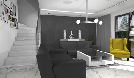 Wnętrze salonu w stylu industrialnym z szarymi ścianami, białymi meblami oraz akcentami minimalistycznymi.