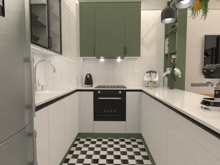 Kuchnia w stylu dopamine decor, soft minimalizm, tradycyjny z zielonymi szafkami.