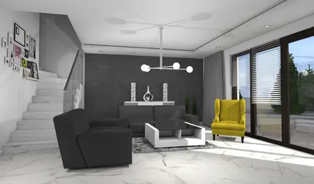 Wnętrze salonu w stylu industrialnym z czarną sofą, żółtym fotelem i nowoczesnym oświetleniem.