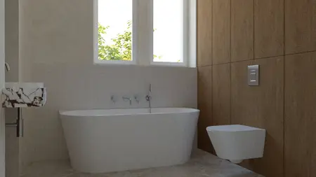 Minimalistyczna łazienka z wanną, drewnianymi ścianami i subtelnym oświetleniem.