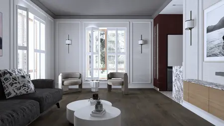 Wnętrze salonu z jasnymi ścianami, ciemną podłogą, meblami w stylu quiet luxury, tradycyjnym i współczesnym.