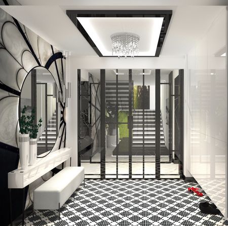 Przedpokój w stylu art deco i glamour z czarną podłogą i dużym lustrem.