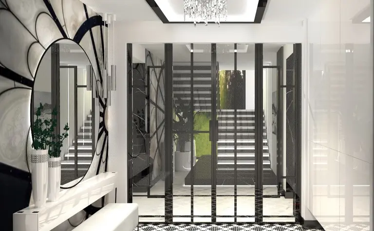 Przedpokój w stylu art deco i glamour z czarną podłogą i dużym lustrem.