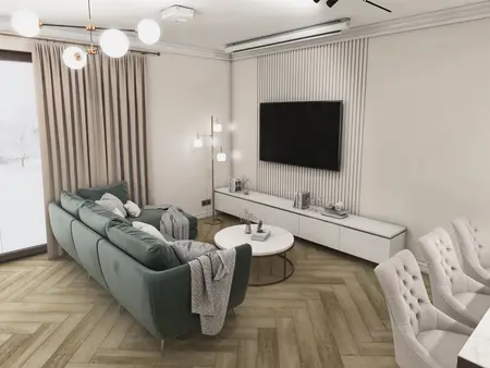 Wnętrze salonu w stylu eklektycznym z zieloną sofą, jasnymi zasłonami i nowoczesnym oświetleniem.