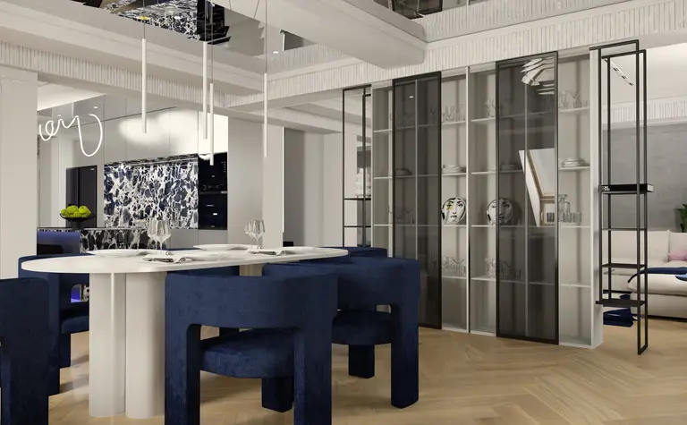 Wnętrze jadalni w stylu dopamine decor i eklektycznym z niebieskimi krzesłami.