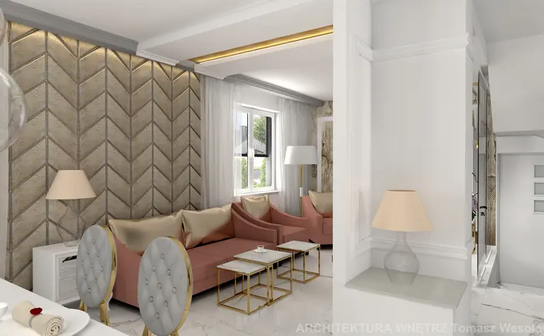 Glamour wnętrze salonu z różowymi sofami i eleganckimi detalami.