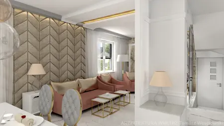 Glamour wnętrze salonu z różowymi sofami i eleganckimi detalami.