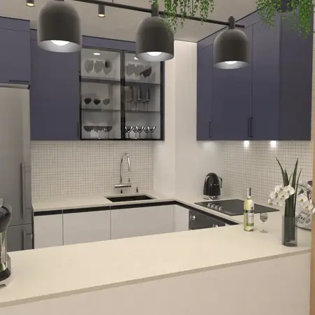 Kuchnia w stylu dopamine decor i soft minimalizm z granatowymi meblami
