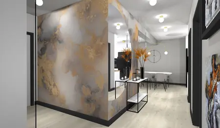 Wnętrze z art deco, glamour i japandi, złote akcenty, nowoczesne oświetlenie.