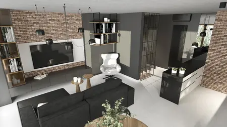 Salon z ceglaną ścianą, ciemną sofą i nowoczesnymi akcesoriami, styl industrialny.