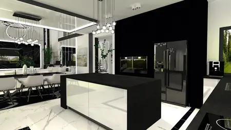 Wnętrze kuchni w stylu art deco i glamour z czarnymi meblami i białymi detalami.