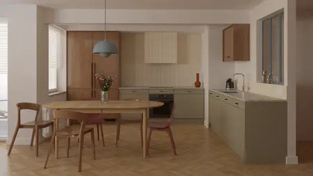 Kuchnia z drewnianymi meblami w stylu dopamine decor i eklektycznym.