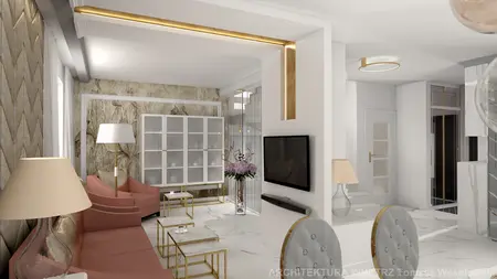 Wnętrze salonu glamour z różowymi sofami i złotymi detalami