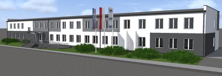 Widok budynku z szaro-białą elewacją i zielonymi krzewami, styl industrialny i nowoczesny.