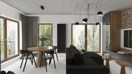 Wnętrze salonu w stylu industrialnym z czarną sofą, drewnianym stołem i dużymi oknami.