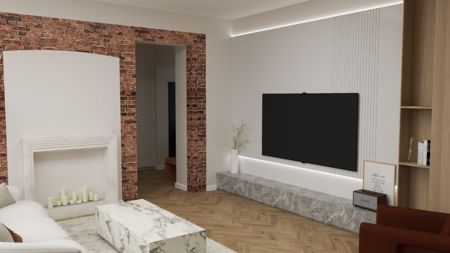 Wnętrze salonu z ceglaną ścianą, szarym kominkiem i telewizorem