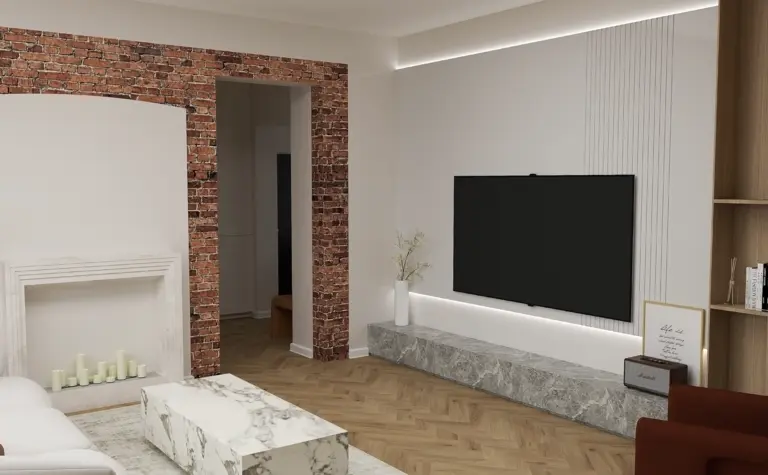 Wnętrze salonu z ceglaną ścianą, szarym kominkiem i telewizorem