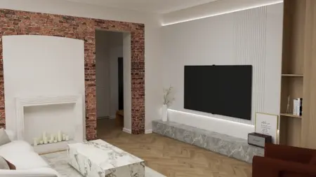 Wnętrze salonu z ceglaną ścianą, szarym kominkiem i telewizorem