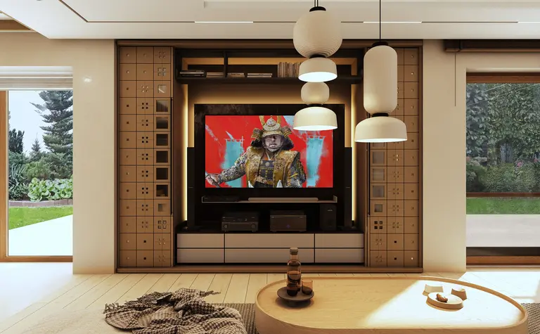 Wnętrze salonu w stylu japandi z nowoczesnym TV i drewnianymi akcentami.