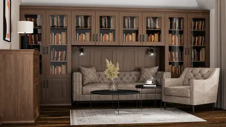 Wnętrze salonu z brązową sofą, biblioteczką i nowoczesnymi akcentami.