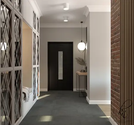 Przedpokój w stylu rustykalnym z szarymi kafelkami i drewnianymi detalami.