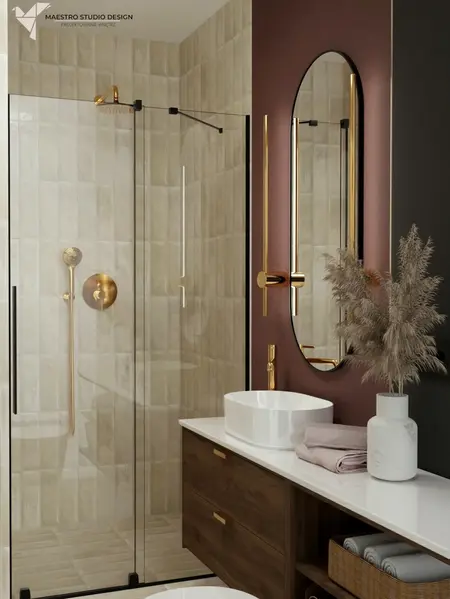 Nowoczesna łazienka w stylu art deco z glamour i współczesnymi elementami.