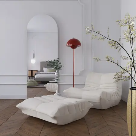 Wnętrze salonu w stylu minimalistycznym z białymi meblami i czerwonym lampą.