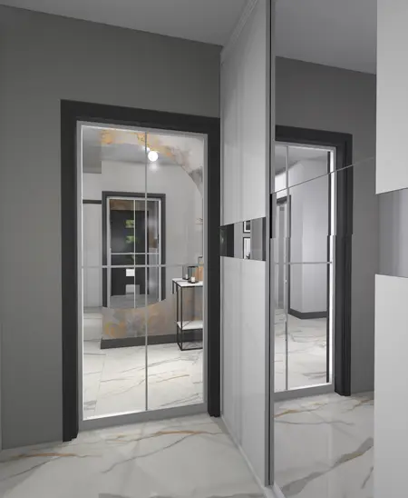 Wnętrze korytarza z lustrami, szarymi ścianami i nowoczesnym oświetleniem. Art deco, minimaluxe, współczesny.