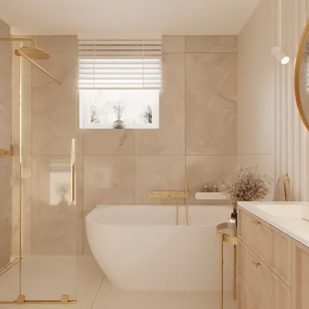 Wnętrze łazienki z wanną, złotymi detalami i marmurowymi płytkami w stylu quiet luxury.
