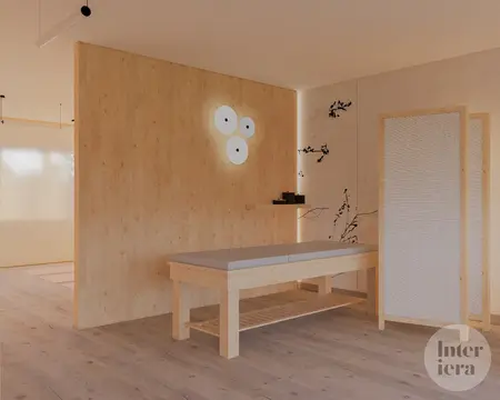 Minimalistyczny gabinet japandi z drewnianą ścianką i lampą.