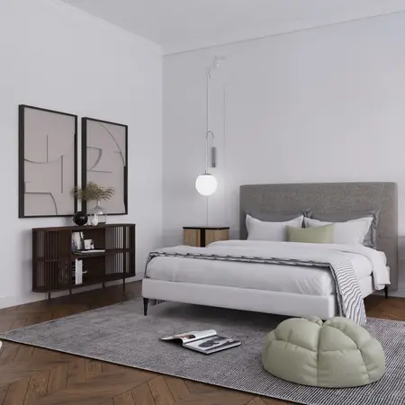 Sypialnia w stylu minimalistycznym z nowoczesnym łóżkiem i szarym dywanem, elementy vintage.