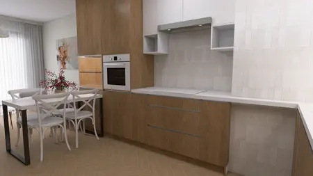 Kuchnia w stylu minimalistycznym z drewnianymi meblami i białym blatem.