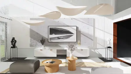 Wnętrze salonu w stylu japandi z minimalistycznymi meblami i dekoracjami.