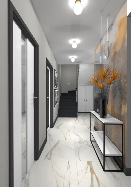 Nowoczesny przedpokój z elementami art deco i minimaluxe, jasnymi kolorami oraz roślinnością.