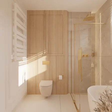 Nowoczesna łazienka z drewnianymi meblami i złotymi akcentami w stylu quiet luxury.